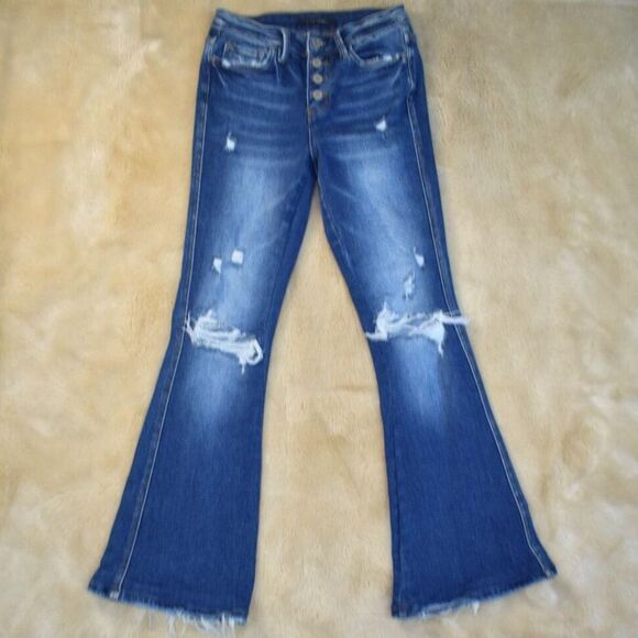 Flying Monkey Bell Bottom Flare Jeans Sz 25 Blue Highrise Distressed Button Fly - Picture 2 of 8